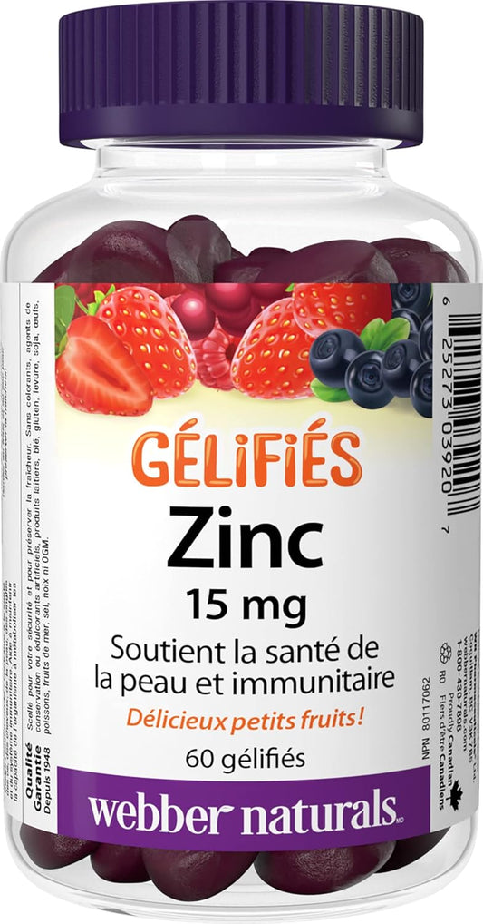 Webber Naturals Zinc Gluconate Gummy, 15 mg, 60 Gummies, For Healthy Skin and Immune Support