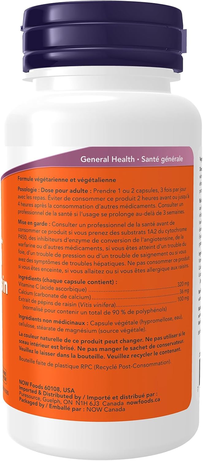 NOW Supplements, Grape Seed 100 mg - Standardized Extract, Highly Concentrated Extract with a Minimum of 90% Polyphenols, with Vitamin C Capsules, 100 Count