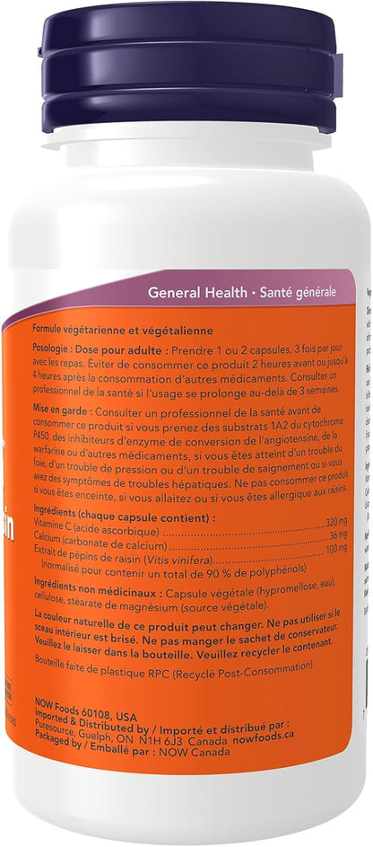 NOW Supplements, Grape Seed 100 mg - Standardized Extract, Highly Concentrated Extract with a Minimum of 90% Polyphenols, with Vitamin C Capsules, 100 Count