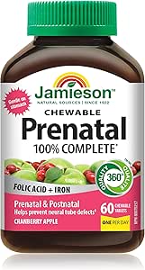 Jamieson 產前 100% 複合維生素咀嚼片，蔓越莓蘋果口味，加入葉酸和鐵。適用於產前、產後和哺乳期，預防神經管缺陷，不含人工色素…