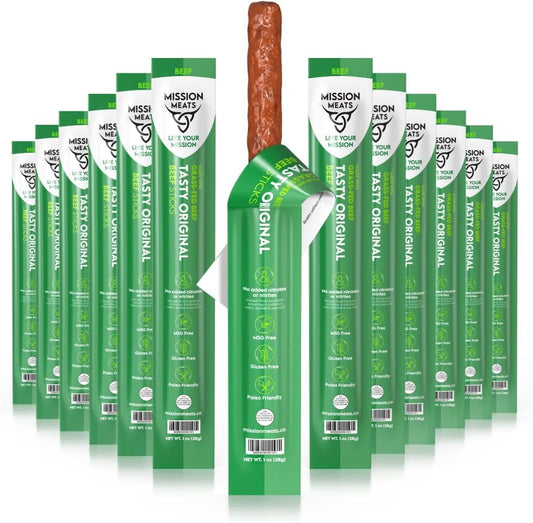 排名第一的美味非基因改造草飼牛肉棒，不含麩質、味精、硝酸鹽、亞硝酸鹽，原始人飲食零食，生酮健康天然肉棒，12 包
