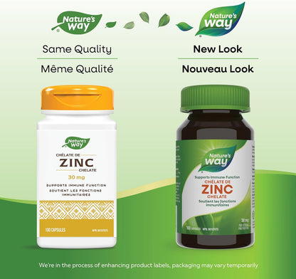 Nature's Way 鋅螯合物 - 免疫系統、能量代謝和整體健康支持 - 預防鋅缺乏症 - 每粒膠囊含 30 毫克鋅螯合物 - 不含麩質 - 100 粒膠囊