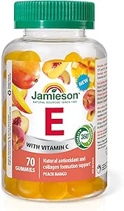 Jamieson 維生素 E 100 IU 軟糖，桃子芒果口味，含 25 毫克維生素 C。富含抗氧化劑，支持健康新陳代謝，增強免疫力，無麩質，不含人工色素、香精或防腐劑，7…