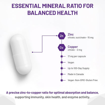 AOR - 锌铜平衡胶囊 100 粒，100 天供应量 - 两种关键矿物质的均衡比例，有益于整体健康 - 柠檬酸锌和铜补充剂 - 男士理想选择