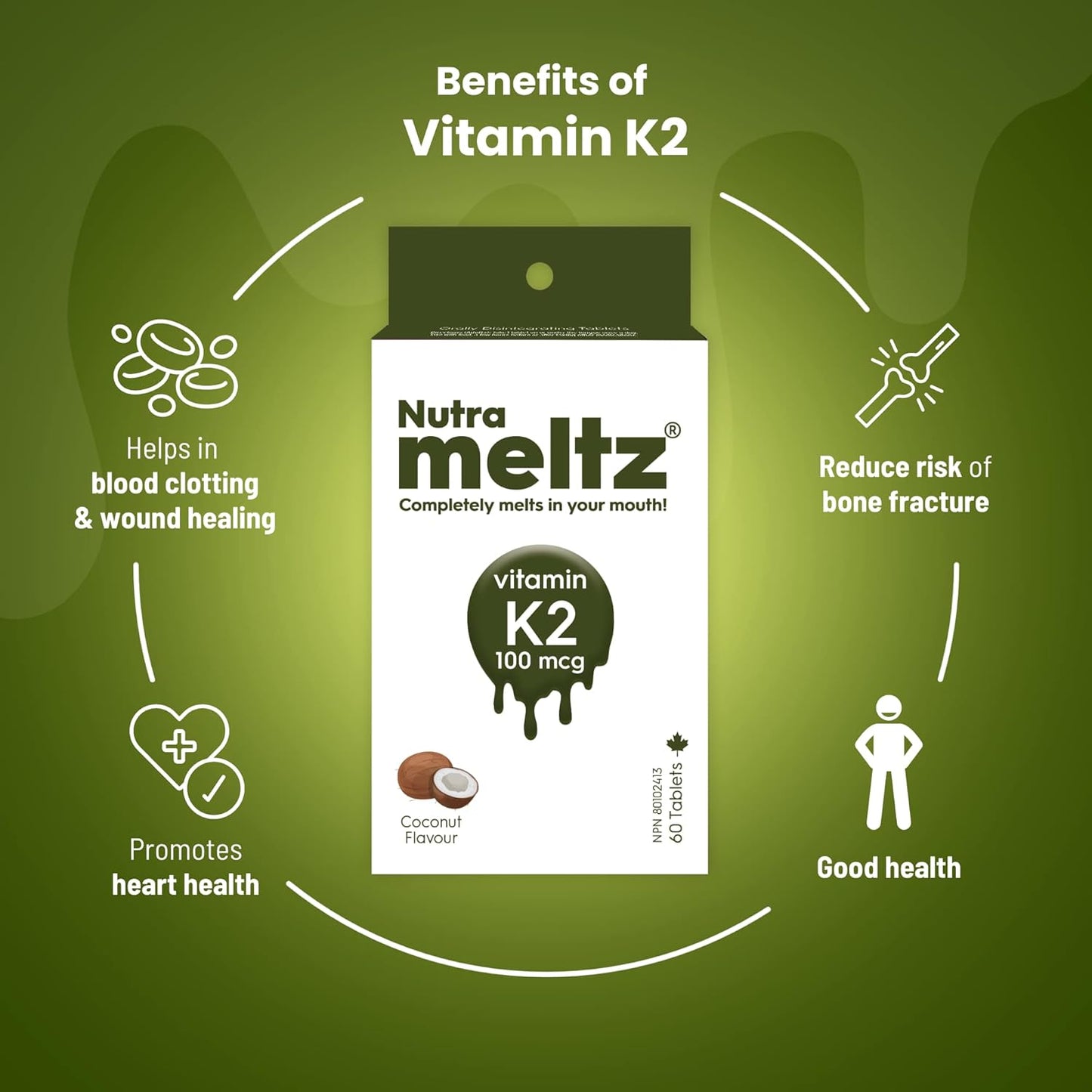 Nutrameltz 维生素 K2 100 微克 - 维生素 K2 作为 MK7 补充剂，用于强化牙齿、骨骼、促进心脏健康，速溶片，用于治疗维生素 K2 缺乏症 - 椰子味（60 片）