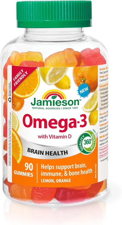 Jamieson Omega-3 維生素D3軟糖，柳橙和檸檬口味，適合3歲以上家庭食用。支持大腦健康和免疫健康，無麩質、非基因，不含人工色素、香精或防腐劑，90粒裝