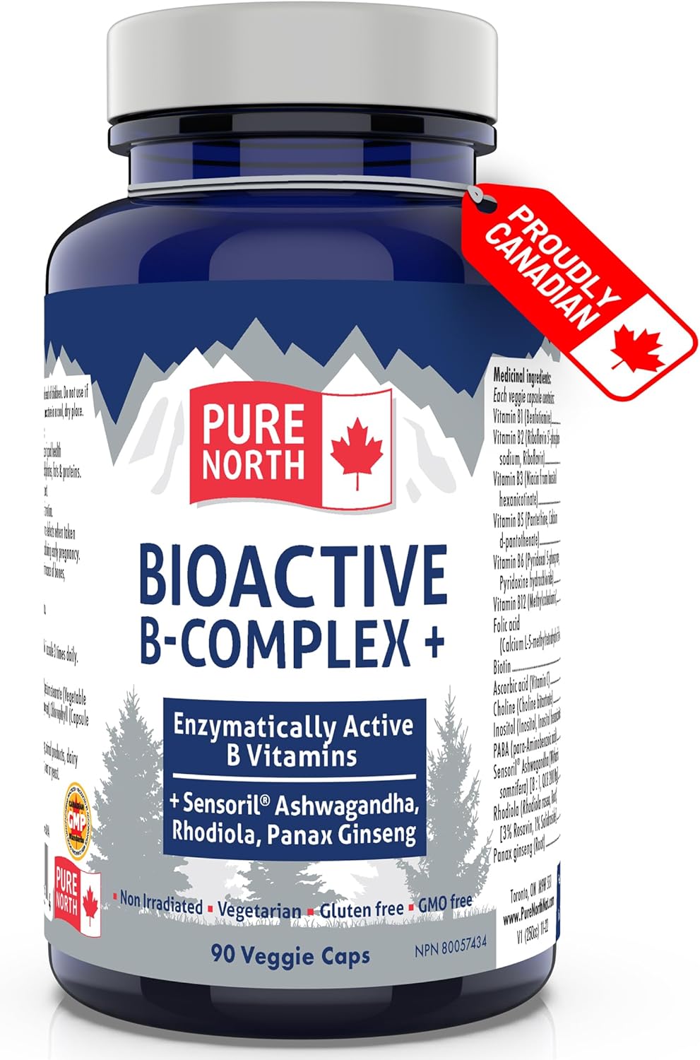 Pure North Naturals - 生物活性 B 族维生素补充剂 90 粒胶囊，30 天用量 - 酶活性 Sensoril 南非醉茄、红景天、人参 - 经第三方测试 - 加拿大配制和制造
