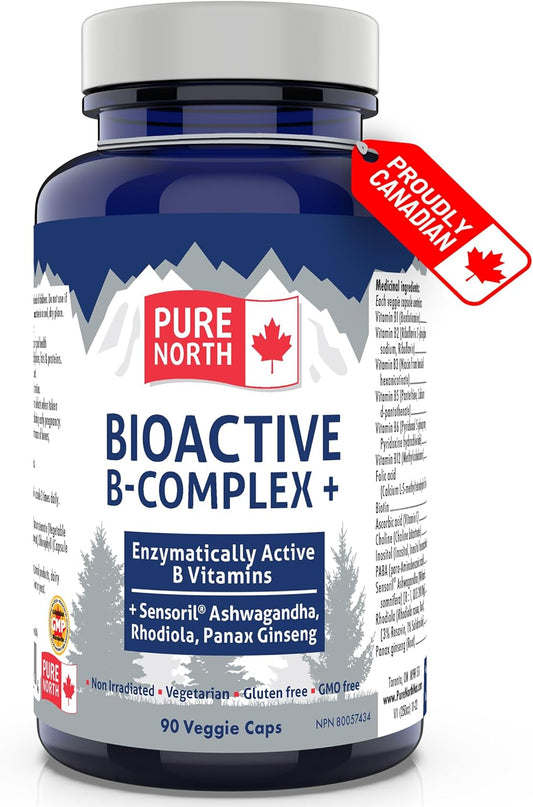 Pure North Naturals - 生物活性 B 族维生素补充剂 90 粒胶囊，30 天用量 - 酶活性 Sensoril 南非醉茄、红景天、人参 - 经第三方测试 - 加拿大配制和制造