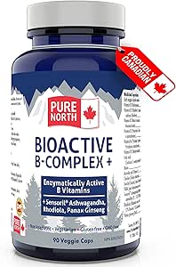 Pure North Naturals - 生物活性 B 群維生素補充劑 90 粒膠囊，30 天用量 - 酶活性 Sensoril 南非醉茄、紅景天、人參 - 經第三方測試 - 加拿大配製和製造