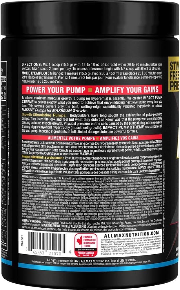 ALLMAX Nutrition Impact Pump Xtreme，蓝莓味 - 465 克 - 无刺激性锻炼前配方 - 支持泵血、耐力和补水 - 最多 30 份