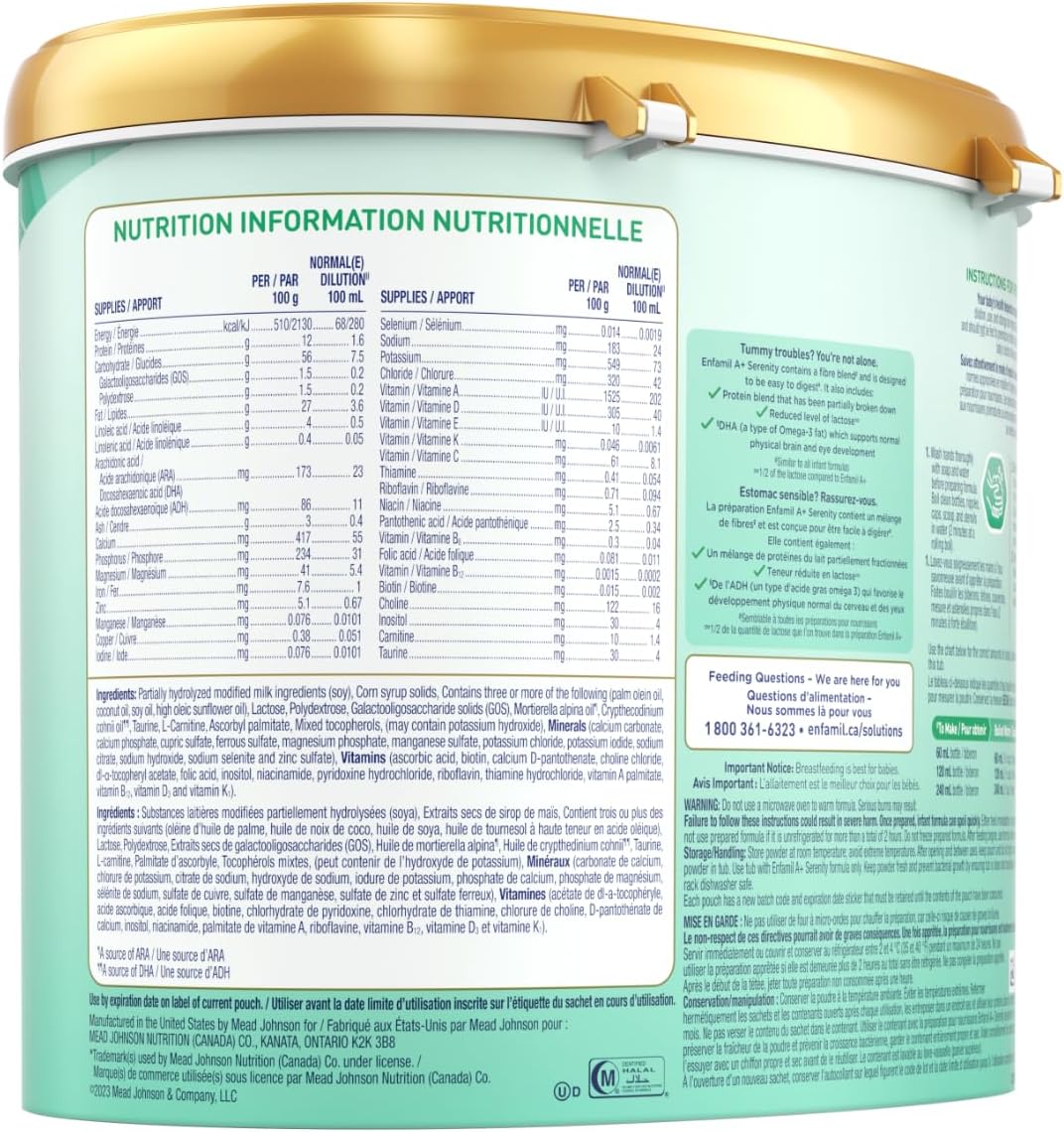 Enfamil A+ Serenity 婴儿配方奶粉，专为软便设计，Omega-3 DHA 和纤维混合物，可重复使用奶粉盒，578 克