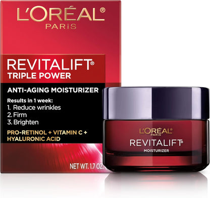 L'Oréal Paris Day Cream, Face Moisturizer with Pro-Retinol, Vitamin C & Hyaluronic Acid, Reduces Look of Wrinkles & Firms Skin, , Revitalift Triple Power LZR, 50ml