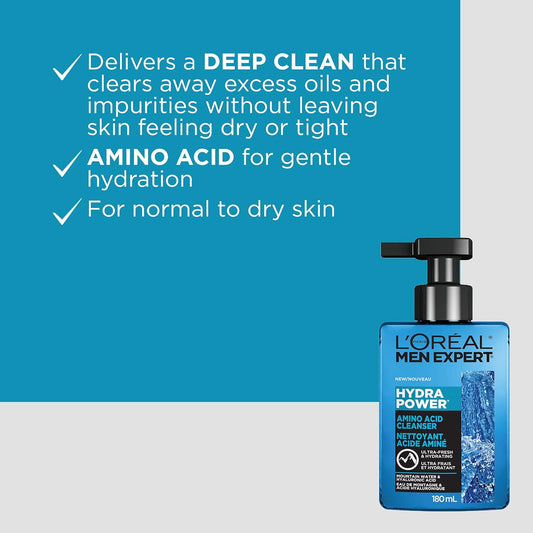 L'Oreal Paris Men Expert Daily Face Cleanser with Amino Acid and Hyaluronic Acid, Fresh and Hydrating, Hydra Power Skincare, Removes Excess Oil and Purifies, For Normal to Dry Skin, 180 mL