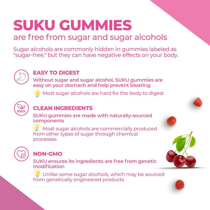 SUKU 維生素少女軟糖 – 無糖素食軟糖維生素補充劑，含 19 種必需營養素，可強健骨骼和肌肉，增強能量並改善皮膚健康 – 櫻桃味（60 粒）