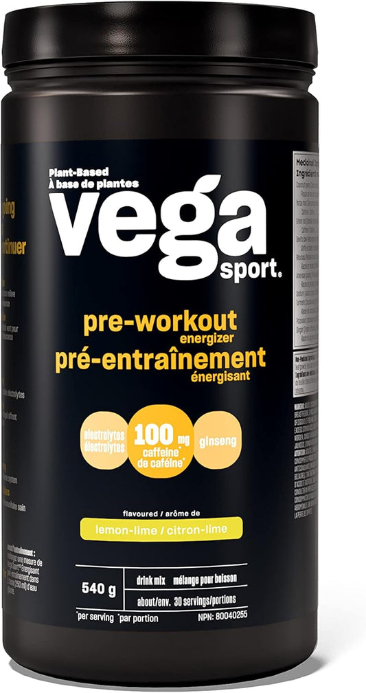 Vega Sport 鍛鍊前能量粉，檸檬青檸口味（30 份）純素鍛鍊前能量粉，無麩質，100 毫克咖啡因，非基因，550 克（包裝可能有所不同）