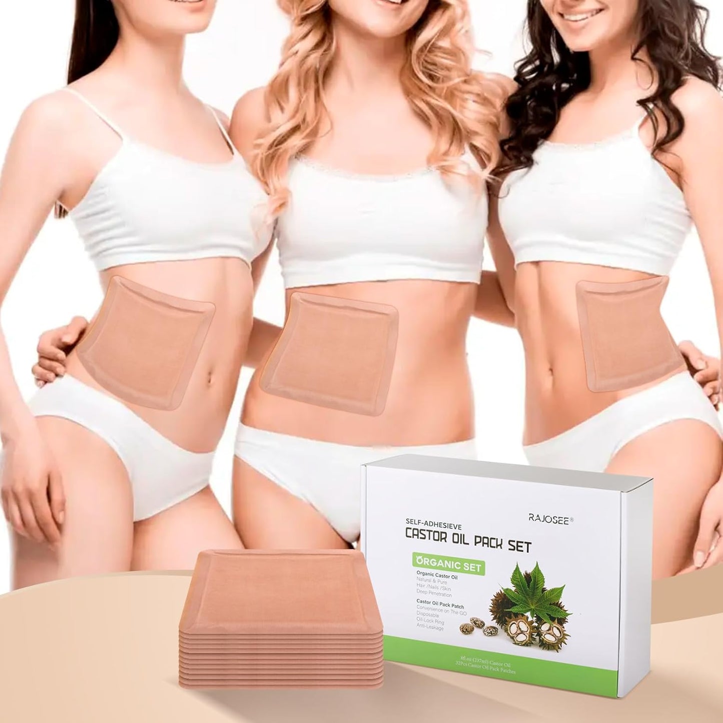 RAJOSEE 32Pcs Castor Oil Packs with Organic Cold Pressed Castor Oil in Glass Bottle, Cotton Wraps for Waist, Back, Neck, Arm, Self-Adhesive