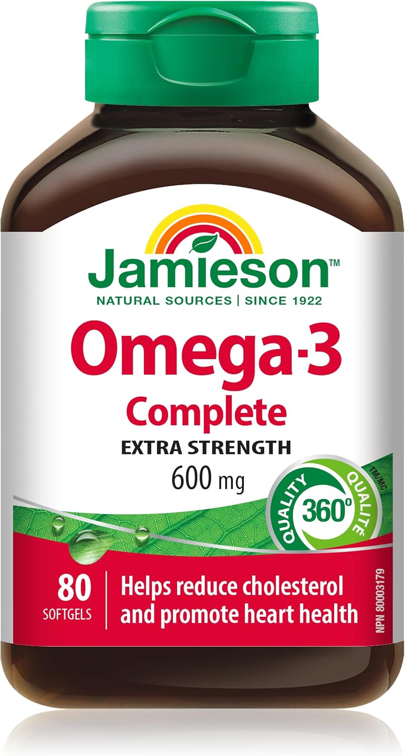 Jamieson Omega-3 Extra Strength Complete 600 mg, Supports Brain and Heart Health, and Mood Balance. With EPA and DHA, Non-GMO, Gluten-Free, 80 Softgels, Proudly Canadian