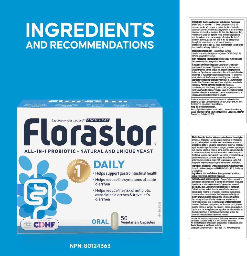 Florastor - 布拉氏酵母菌 CNCM I-745 - 每日多效合一益生菌 - 腸道健康和消化支持 - 支持免疫系統 - 全球同類益生菌第一名 - 成人及家庭適用 50 粒膠囊