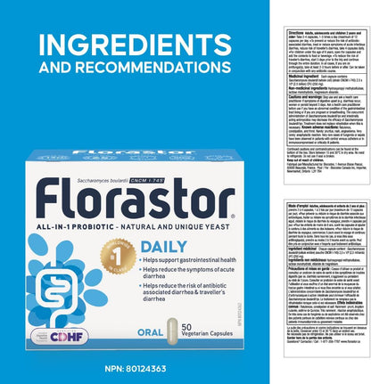Florastor - 布拉氏酵母菌 CNCM I-745 - 每日多效合一益生菌 - 腸道健康和消化支持 - 支持免疫系統 - 全球同類益生菌第一名 - 成人及家庭適用 50 粒膠囊