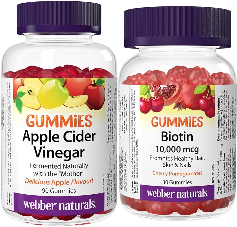 Webber Naturals Apple Cider Vinegar Gummy, 200 mg with The Mother, 90 Gummies, Antioxidants Support & Biotin 10,000 mcg, 30 Gummies, Supports Healthy Hair, Skin & Nails, Energy Metabolism, Vegan