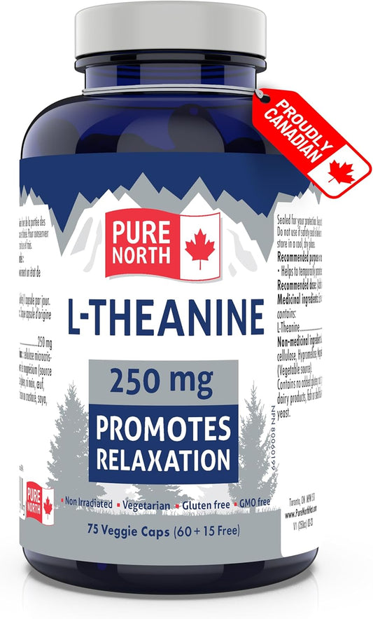 PURE NORTH NATURALS L-Theanine 250mg, 75 Veggie Capsules 75-Day Supply - Vegan, Non-GMO and Gluten-Free Promote - Relaxation Support, Enhanced Cognitive Function - Made in Canada