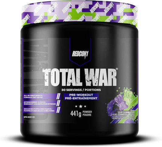 REDCON1 Total War 運動前粉，酸味小熊軟糖 - β-丙氨酸 + 瓜氨酸蘋果酸，適合素食者和生酮飲食者，適合男性和女性，含 250 毫克咖啡因 - 速效 HMB（30 份）