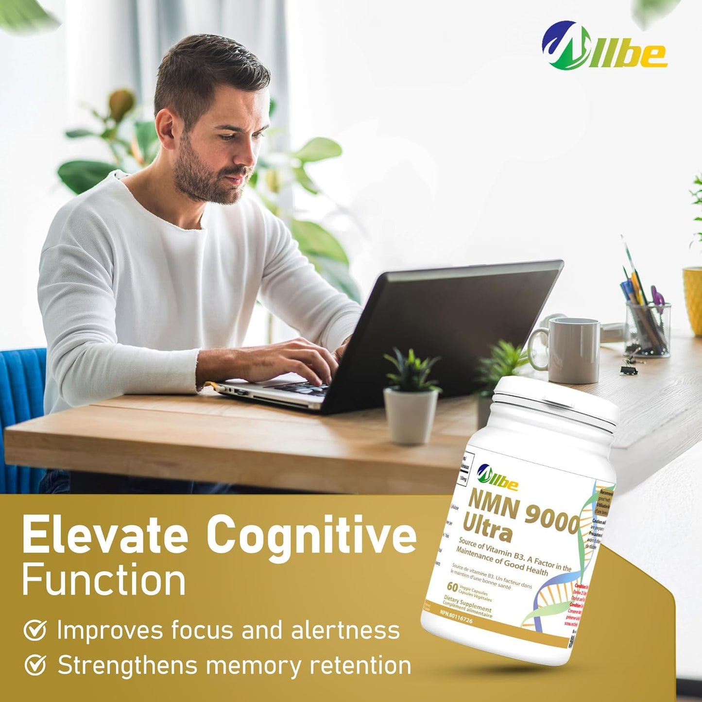 ALLBE NMN 9000 超级胶囊 - 加拿大 NAD 补充剂，用于细胞能量代谢、修复、免疫和健康衰老 - 保质期长的烟酰胺单核苷酸 150 毫克 - 60 粒胶囊