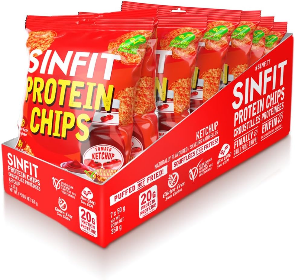 SinFit 蛋白薯片，20 克蛋白质/袋，50 克/袋，高纤维，低碳水化合物，无麸质，披萨味，7 片/盒（7 袋，番茄酱）