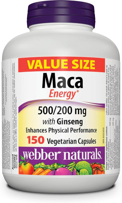Webber Naturals 瑪卡能量膠囊，含人參，150 粒素食膠囊，含 10,000 微克生物素，強效，120 粒膠囊，支持健康的頭髮、皮膚和指甲，促進能量代謝，素食