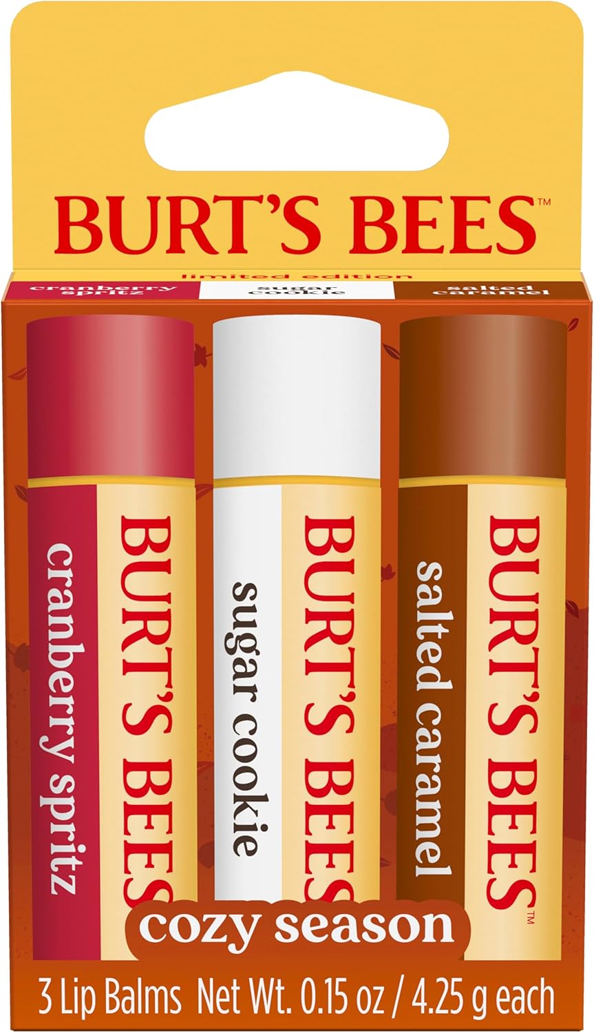 Burt's Bees 100% 天然保湿润唇膏，适用于干燥皲裂的嘴唇，令双唇柔软水润 - 3 支装 - （舒适季节）糖饼干、蔓越莓喷雾、咸焦糖