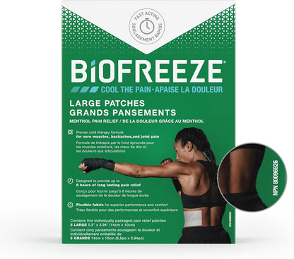 Biofreeze Patches (5 Large Size), Penetrating Pain Relief for Sore Muscles, Arthritis, Backaches, and Sore Joints, Fast Acting, Long Lasting, Cooling Menthol Formula, Mess Free Application, Flexible Fabric for Comfort,