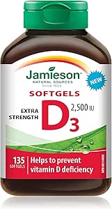 Jamieson 維生素 D3 2,500 IU 軟膠囊，易吞嚥，支持免疫健康，強化骨骼和牙齒，增強鈣和磷的吸收。非基因改造，無麩質，每日一粒，135 粒，加拿大製造