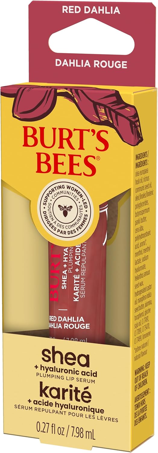 Burt's Bees 丰唇精华，蕴含 100% 天然乳木果油 + 透明质酸 | 丰唇膏，令双唇柔软亮泽 | 1 支装 - 红色大丽花