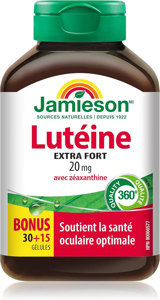 Jamieson 強效葉黃素 20 毫克，添加玉米黃質，支持眼部健康，預防老年性黃斑部病變，並有助於降低白內障風險。非基因改造，無麩質，45 粒軟膠囊，加拿大製造