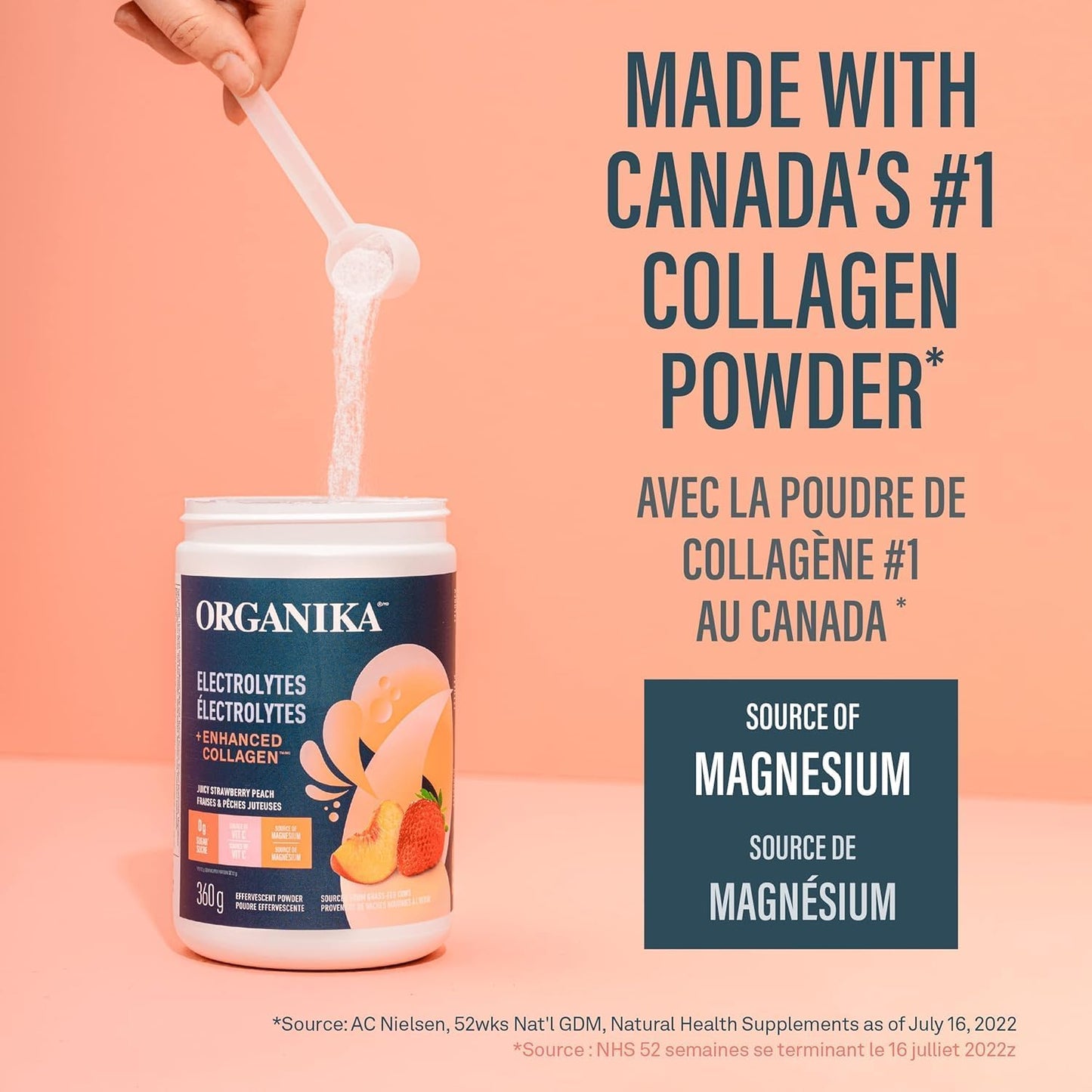 Organika Electrolytes Extra-Strength Powder- Lemon Lime- High in Sodium for Sport Recovery & Electrolytes + Enhanced Collagen- Strawberry Peach Flavour- Sugar-Free Hydration + Protein