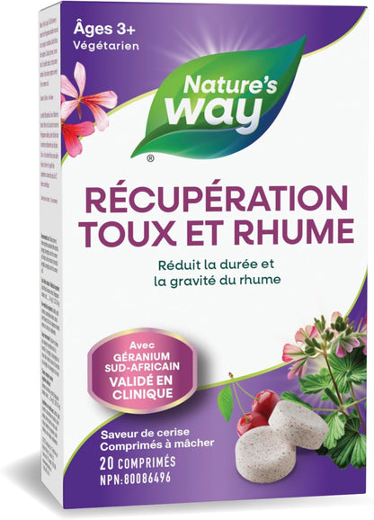 Nature's Way 咳嗽感冒咀嚼片 – 经临床验证，缓解感冒和流感 – 支气管炎、喉炎和咽炎 – 素食天竺葵提取物 – 20 片