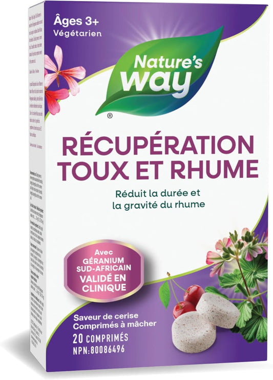 Nature's Way 咳嗽感冒咀嚼片 – 经临床验证，缓解感冒和流感 – 支气管炎、喉炎和咽炎 – 素食天竺葵提取物 – 20 片