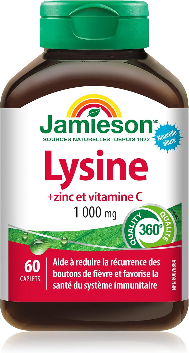 Jamieson賴氨酸1000毫克，含鋅和維生素C，有助於緩解唇皰疹，並增強免疫力。必需胺基酸，非基因改造，無麩質，60粒素食膠囊，加拿大製造