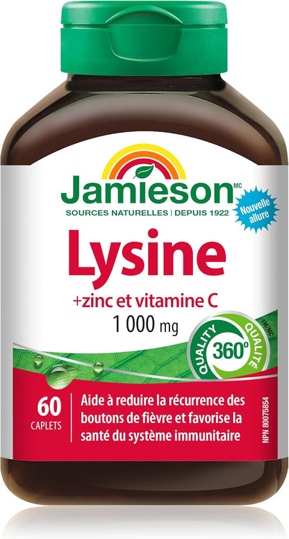 Jamieson賴氨酸1000毫克，含鋅和維生素C，有助於緩解唇皰疹，並增強免疫力。必需胺基酸，非基因改造，無麩質，60粒素食膠囊，加拿大製造