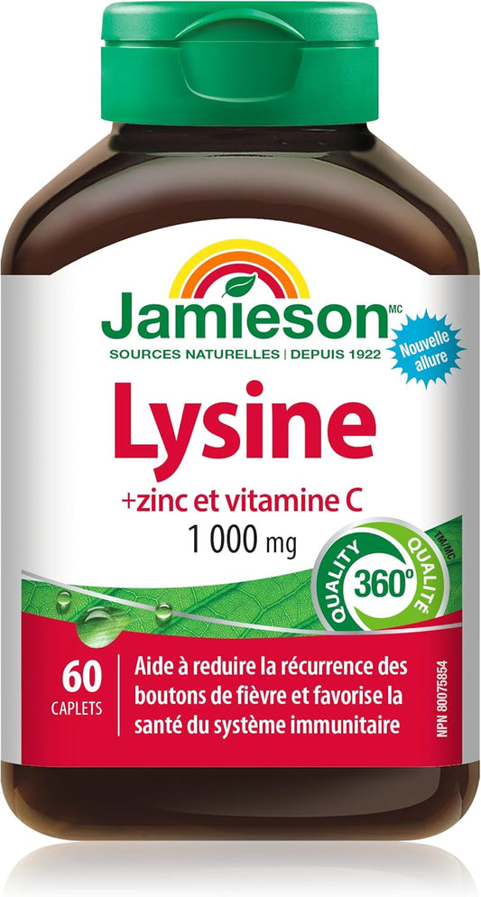 Jamieson賴氨酸1000毫克，含鋅和維生素C，有助於緩解唇皰疹，並增強免疫力。必需胺基酸，非基因改造，無麩質，60粒素食膠囊，加拿大製造