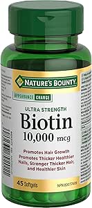 NATURE'S BOUNTY Biotin, Ultra Strength, 10,000 mcg, Promotes Hair Growth, Thicker Healthier Nails, Stronger Thicker Hair & Healthier Skin, Helps Metabolize Nutrients, Softgels, 20.8 g