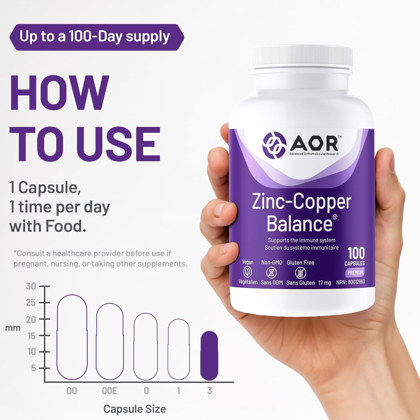 AOR - 锌铜平衡胶囊 100 粒，100 天供应量 - 两种关键矿物质的均衡比例，有益于整体健康 - 柠檬酸锌和铜补充剂 - 男士理想选择