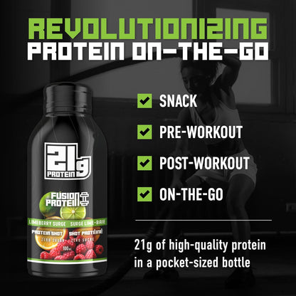 Fusion Protein 即饮型 - 21 克高蛋白零糖青柠浆果口味混合饮料，健康增肌零食，低卡路里代餐奶昔，男女皆宜 - 100 毫升瓶装，12 瓶装