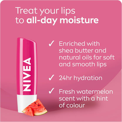 NIVEA 潤唇膏套裝 - 帶有光澤的色彩，草莓光澤（2 x 4.8g）+西瓜光澤（2 x 4.8g），含有乳木果油和保濕油，可 24 小時保濕