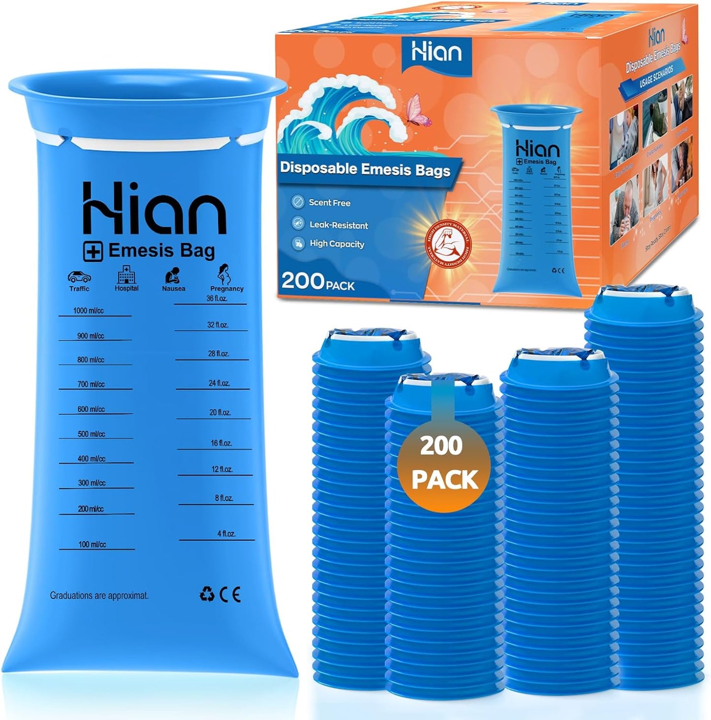 Hion 一次性嘔吐袋 - 200 包 1000 毫升嘔吐袋 - 防漏，醫用級，便攜 - 非常適合暈車、暈機、孕婦