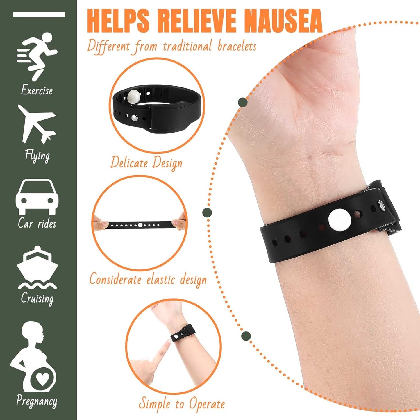 Konohan 6 件暈車帶可調式指壓腕帶防水緩解手環柔軟防噁心腕帶成人暈車旅行帶防暈船黑灰白