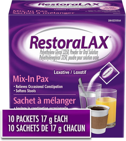 RestoraLAX Powder Laxative, Effective Relief, No Taste, No Grit, No Gas, No Bloating, No Cramps, No Sudden Urge, Convenient 10 Single Dose Sachets