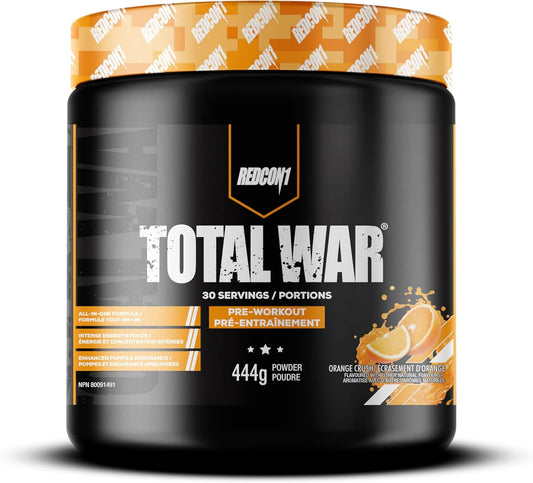 REDCON1 Total War 運動前粉，柳橙汁 - β-丙氨酸 + 瓜氨酸蘋果酸，適合素食者和生酮飲食者，適合男性和女性，含 250 毫克咖啡因 - 速效 HMB（30 份）