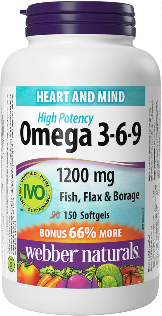 Webber Naturals Omega 3-6-9 1,200 毫克魚油和維生素 D3 2500 IU 強效，180 粒軟膠囊，有益於骨骼和牙齒健康，並有助於預防維生素 D 缺乏症