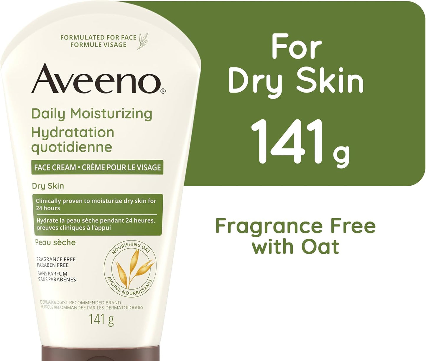 Aveeno 每日保湿面霜，面部和颈部保湿霜，干性皮肤，非转基因燕麦，不含防腐剂，无香料，141 克